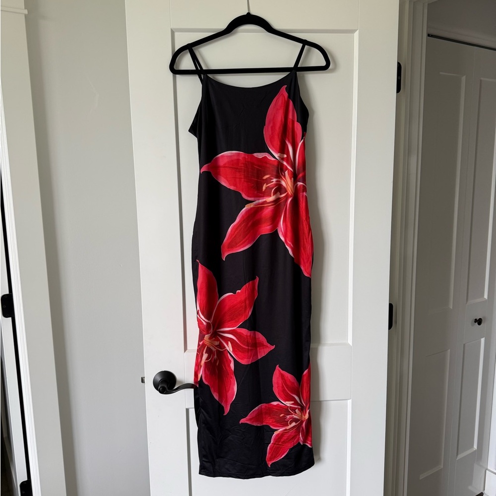 Black Slip Dress with Red Floral Print